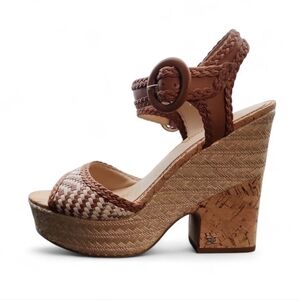SAM EDELMAN Lillie Saddle Leather Cork Rattan Rafia Woven Wedges Heels Size 7.5